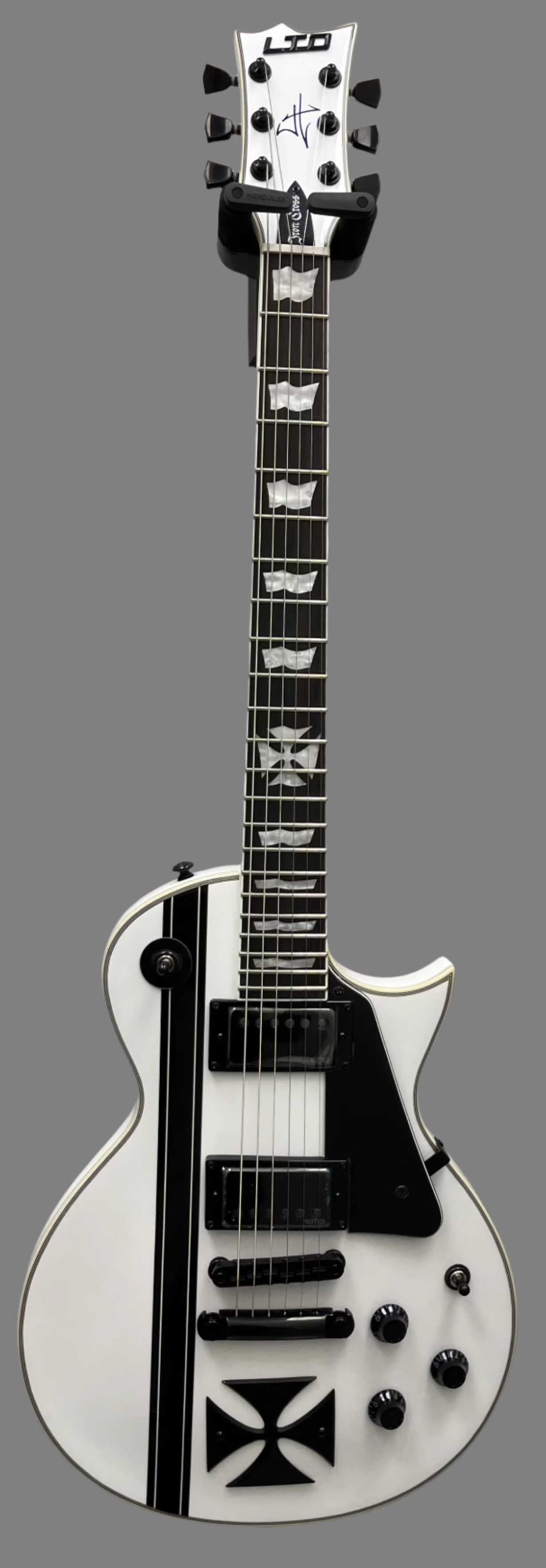 ESP LTD James Hetfield Iron Cross Electric Guitar Snow White with Stripes Graphic LIRONCROSSSW SERIAL NUMBER W24050456 - 8.2 LBS