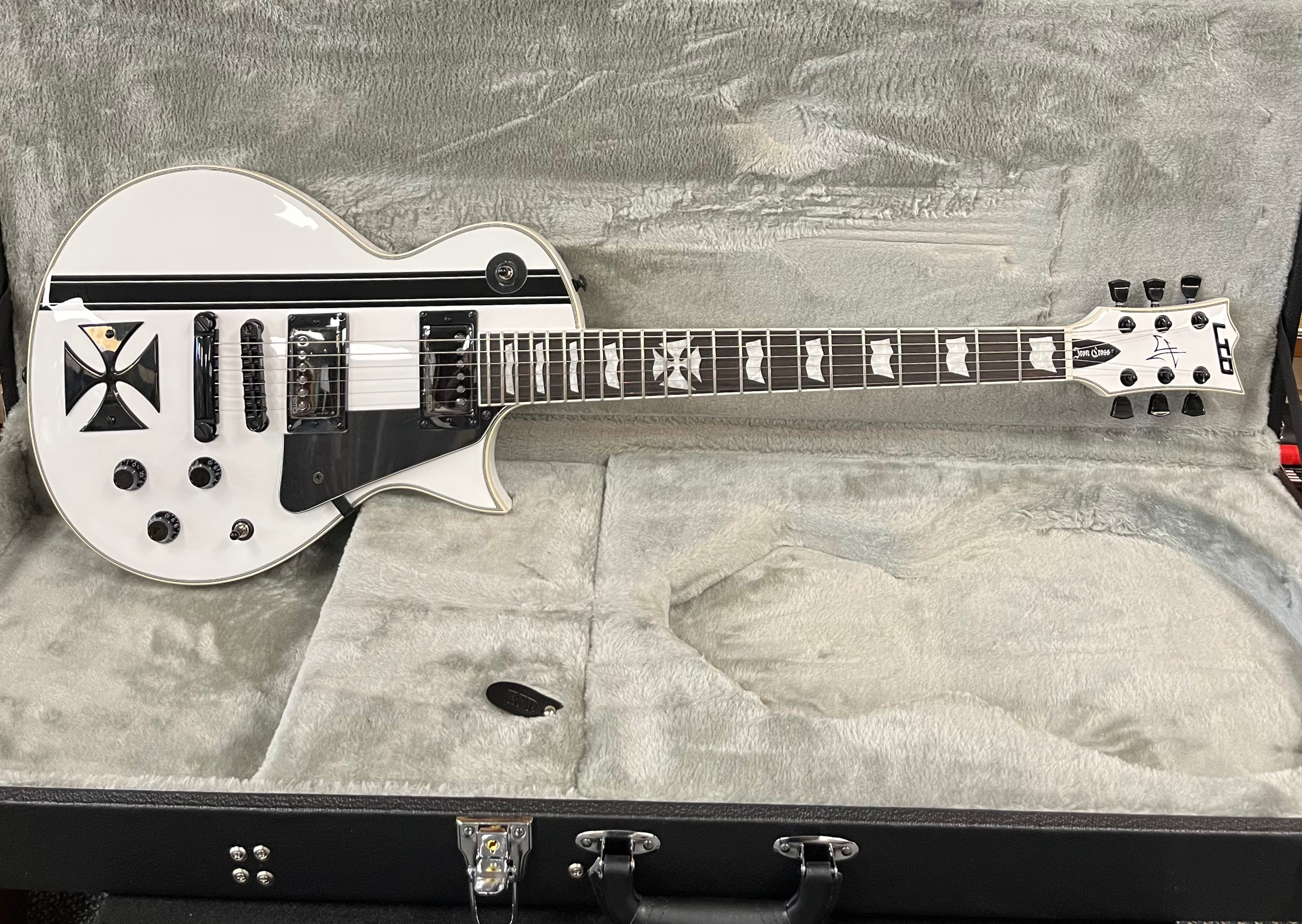 ESP LTD James Hetfield Iron Cross Electric Guitar Snow White with Stripes Graphic LIRONCROSSSW SERIAL NUMBER W24050456 - 8.2 LBS