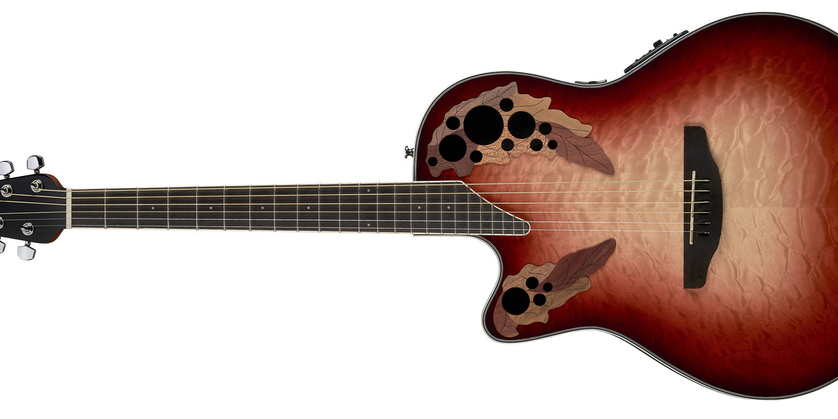 Ovation Celebrity Elite Exotic Left Handed Acoustic / Electric Guitar,  Quilt Maple Ruby Red / Natural Burst CE44LX-1R